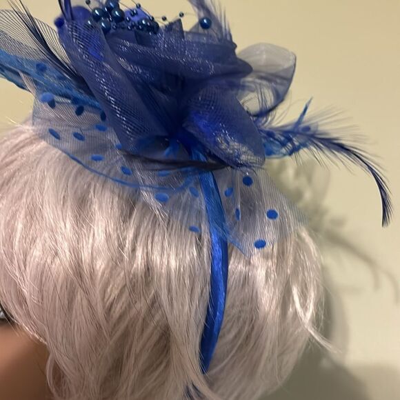 Royal Blue Fascinator w/ polkadot mesh and clip attachment and headband - Picture 3 of 8